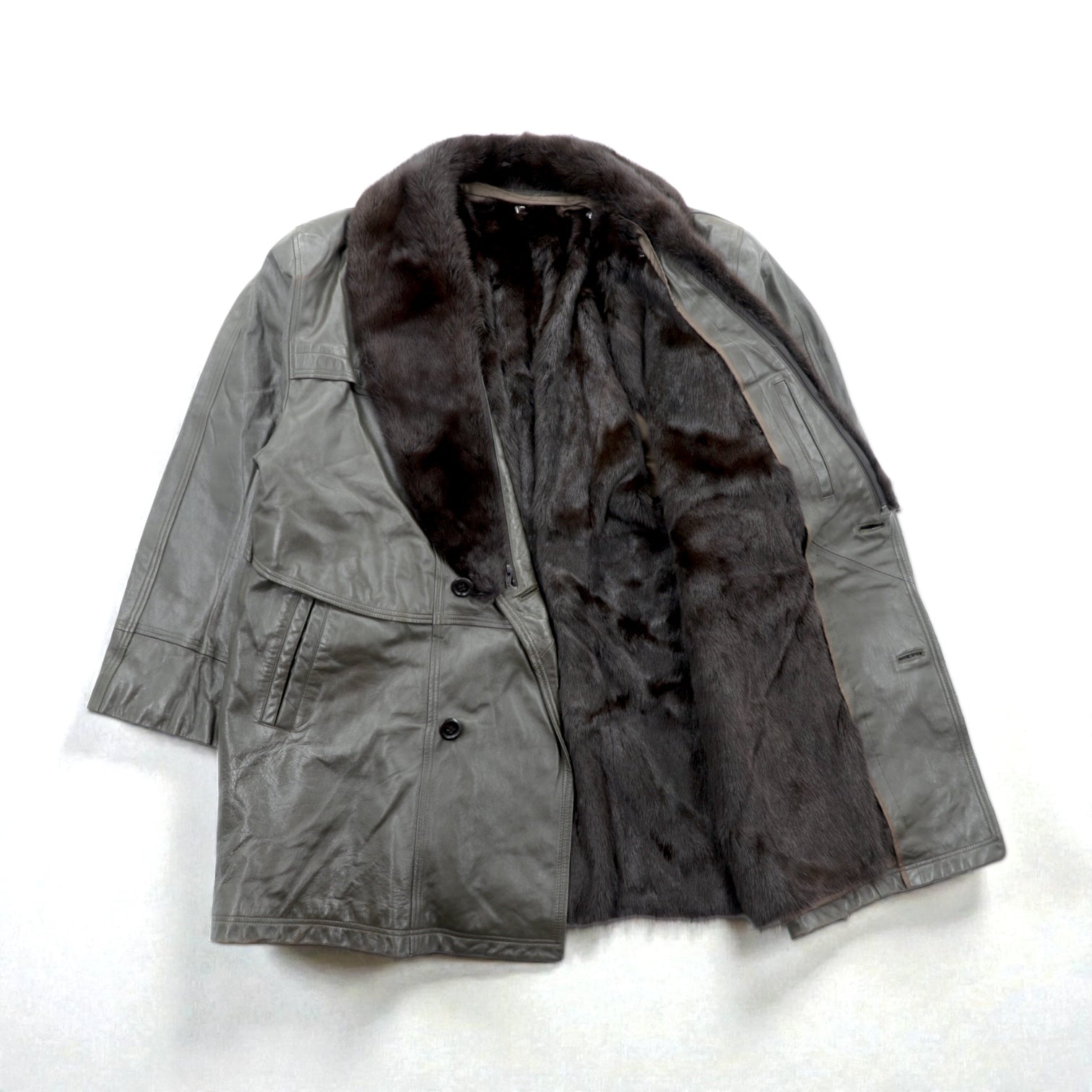 90s Vintage ダブルブレスト ギャングコート ラムレザージャケット  XL ライナー ファー着脱式