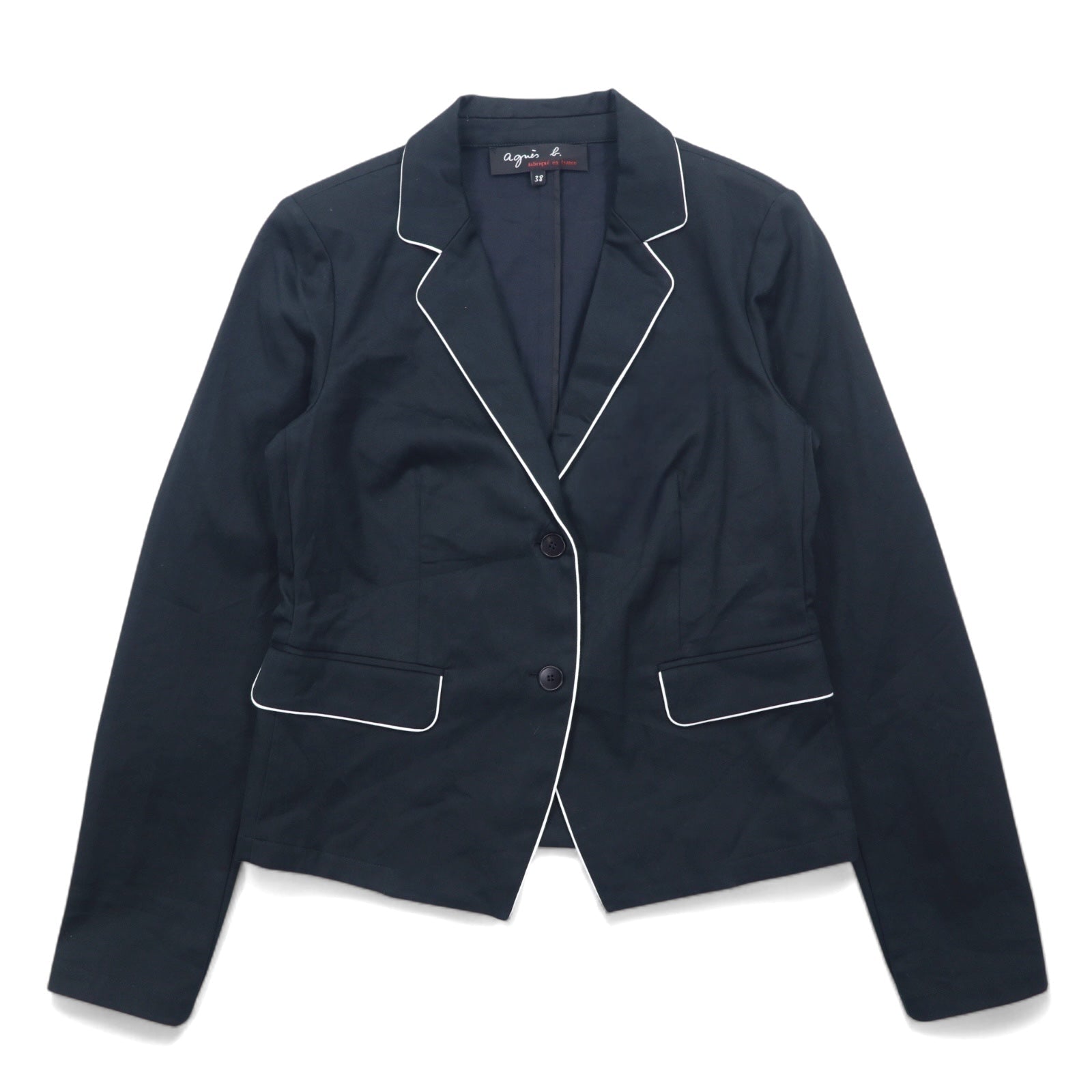 agnes b. Giacca sartoriale 2 bottoni con piping, M, nera, cotone, made in France