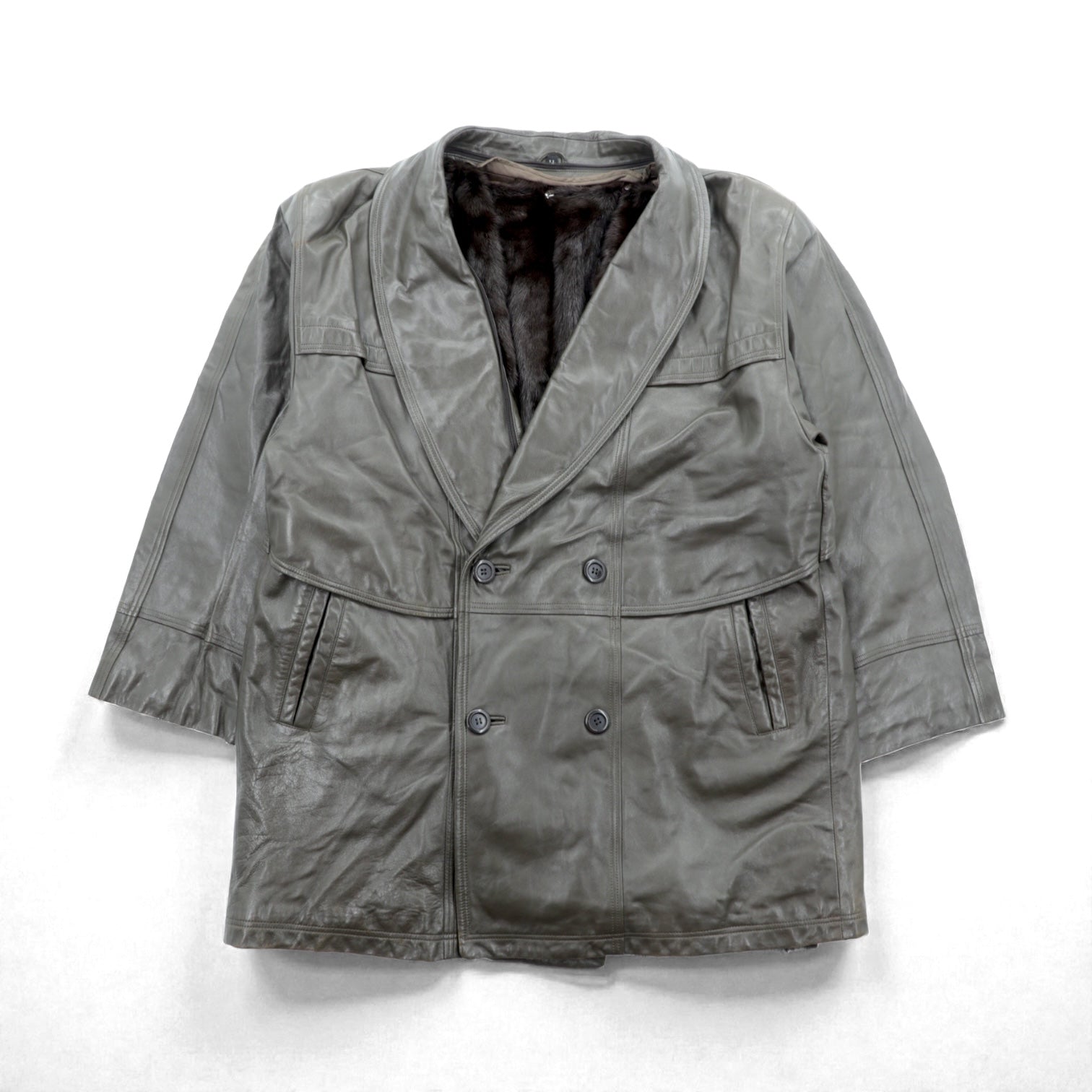 90s Vintage ダブルブレスト ギャングコート ラムレザージャケット  XL ライナー ファー着脱式