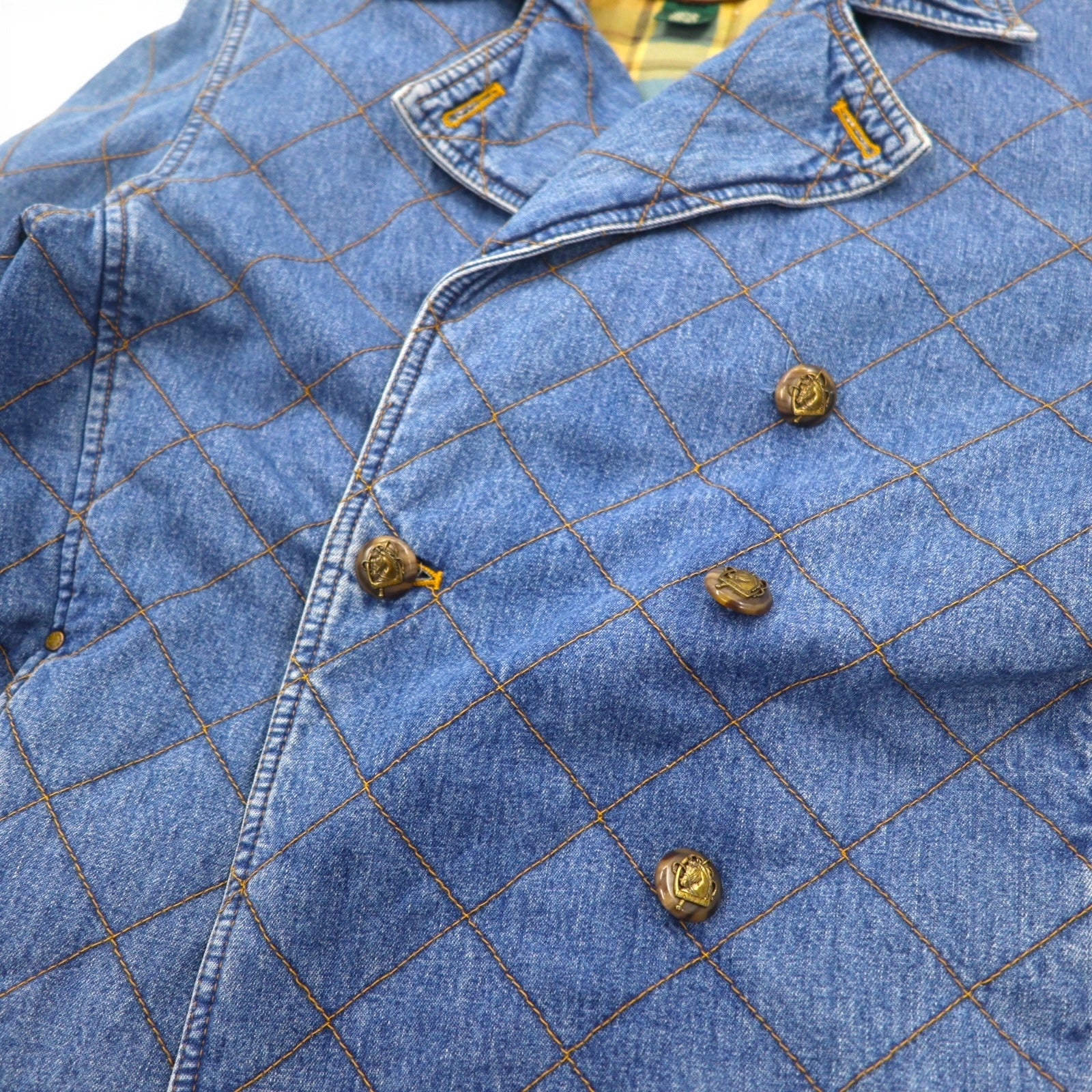 LAUREN JEANS CO. Giacca denim trapuntata doppiopetto anni '90 P-coat XL indaco blu imbottita foderata a quadri