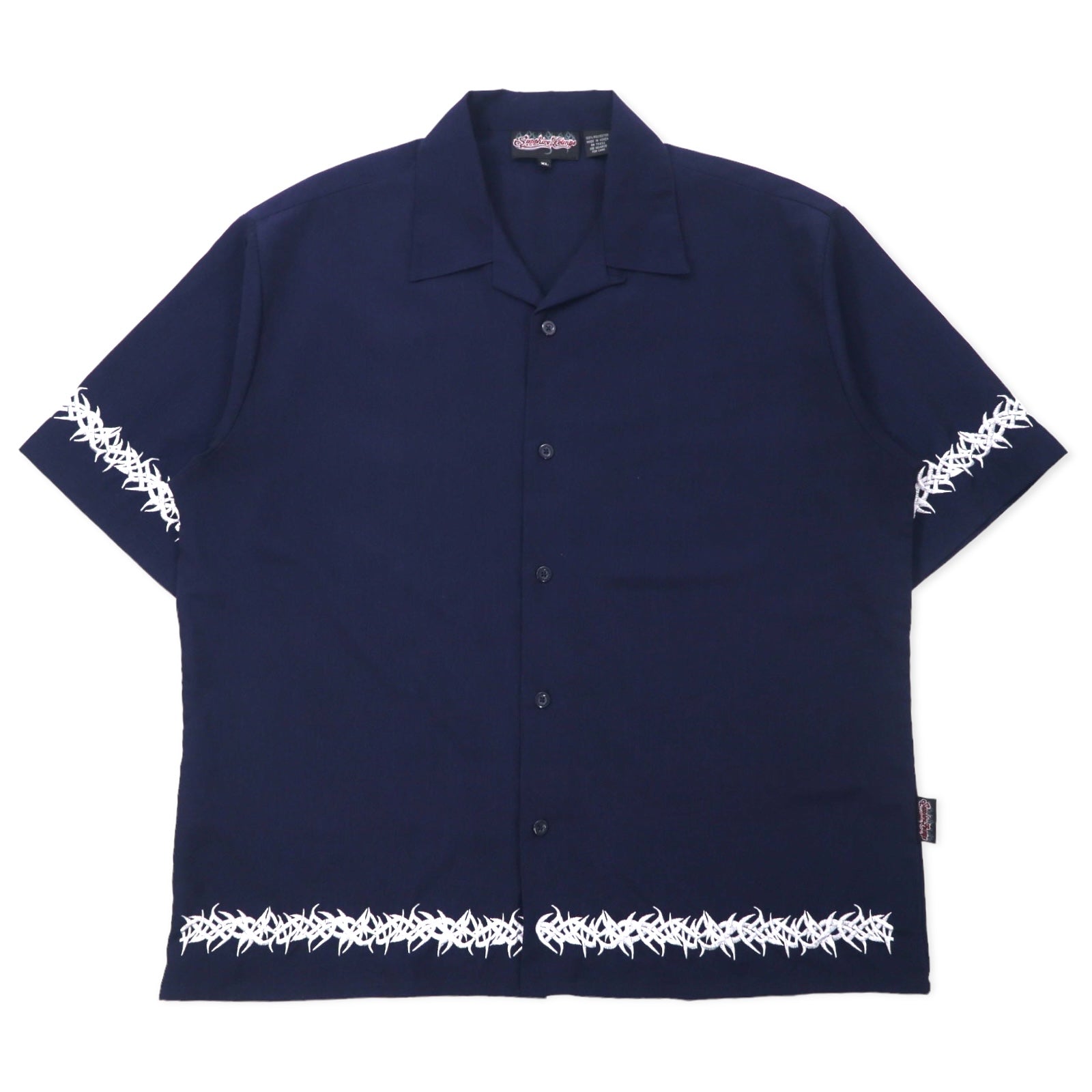 Sapphire Lounge Camicia a collo aperto anni '90, camicia hawaiana, XL, blu navy, poliestere, ricamata.