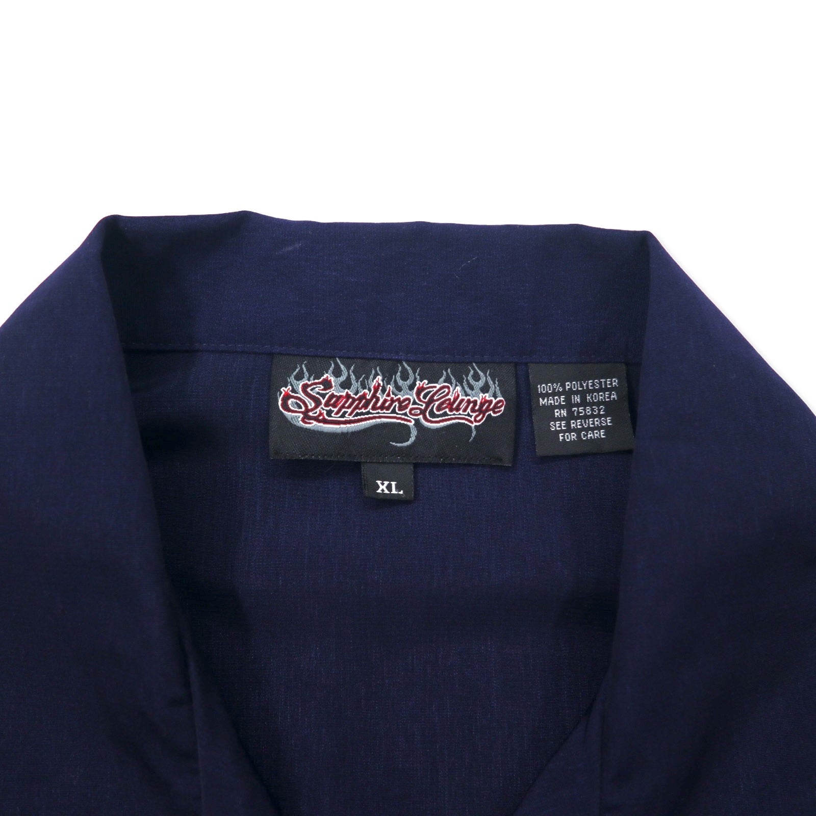 Sapphire Lounge Camicia a collo aperto anni '90, camicia hawaiana, XL, blu navy, poliestere, ricamata.