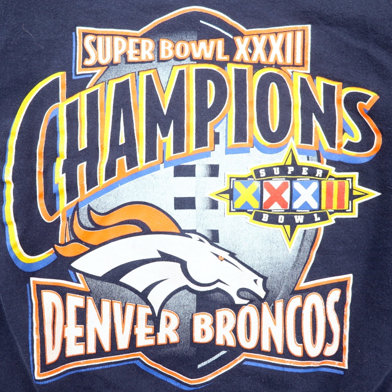 JERZEES Anni '90 Made in USA Felpa stampata NFL M Blu navy Interno felpato SUPER BOWL DENVER BRONCOS
