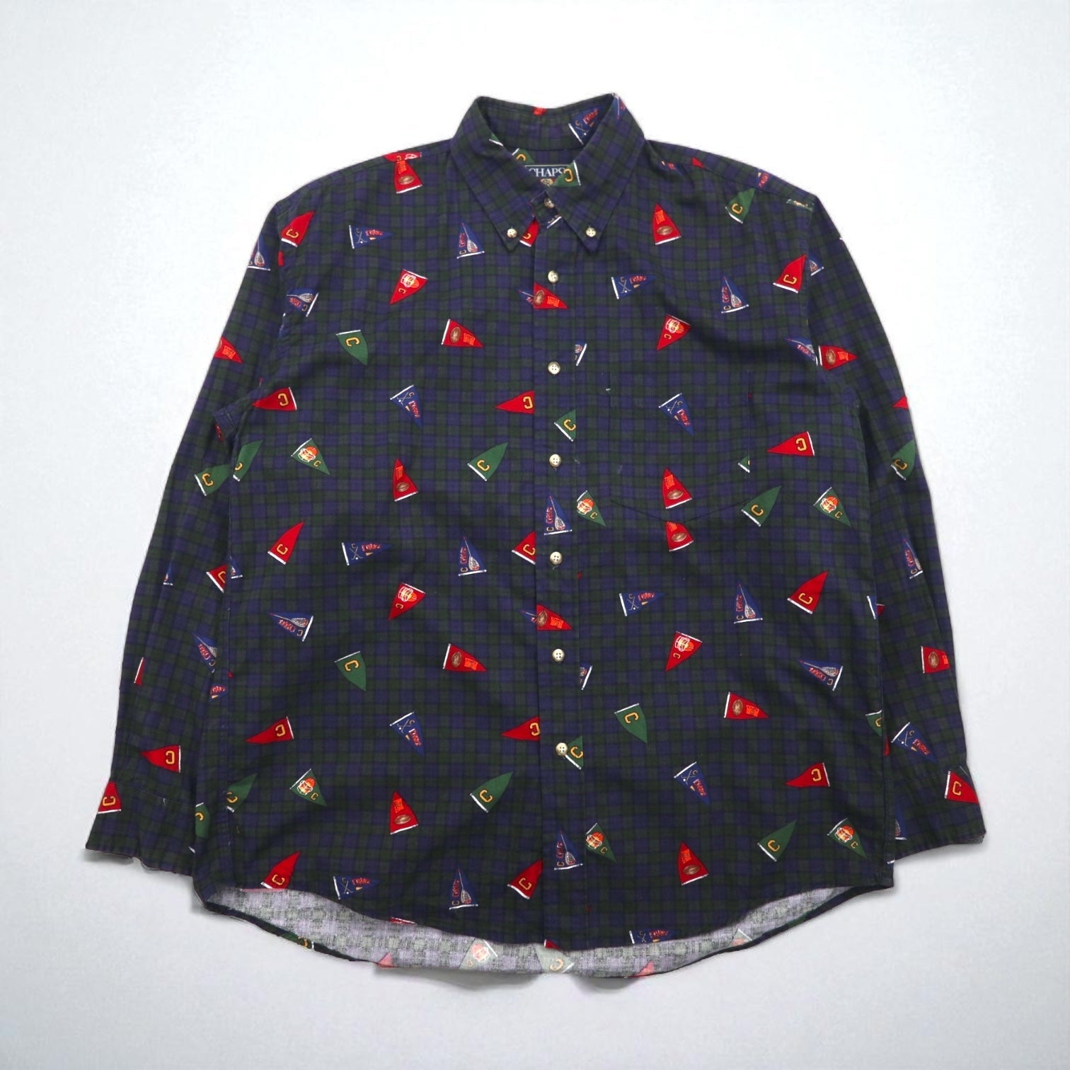 CHAPS RALPH LAUREN 90年代 ボタンダウンシャツ L グリーン チェック 総柄 ペナント フラッグ