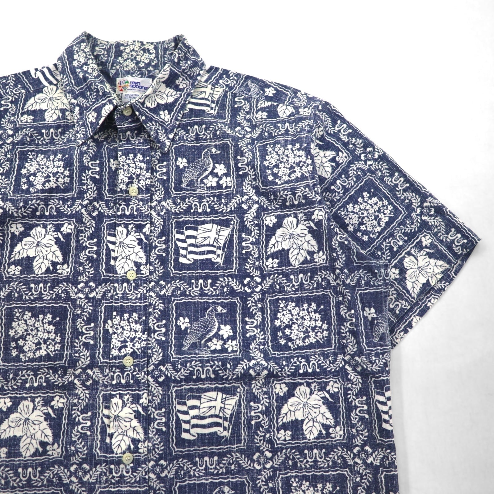 Reyn Spooner anni '90, made in Hawaii, etichetta bikini, camicia hawaiana aloha, taglia L, blu navy, fantasia all-over