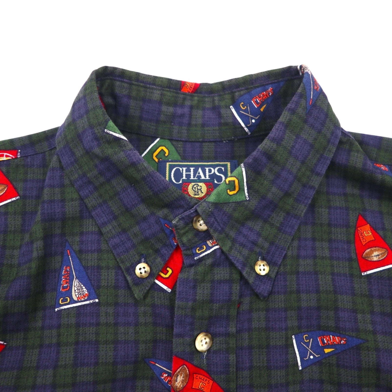 CHAPS RALPH LAUREN 90年代 ボタンダウンシャツ L グリーン チェック 総柄 ペナント フラッグ
