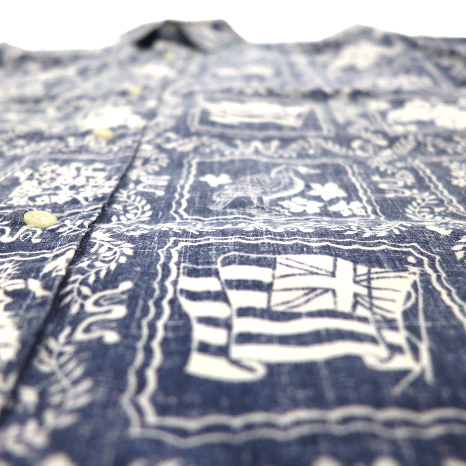 Reyn Spooner anni '90, made in Hawaii, etichetta bikini, camicia hawaiana aloha, taglia L, blu navy, fantasia all-over