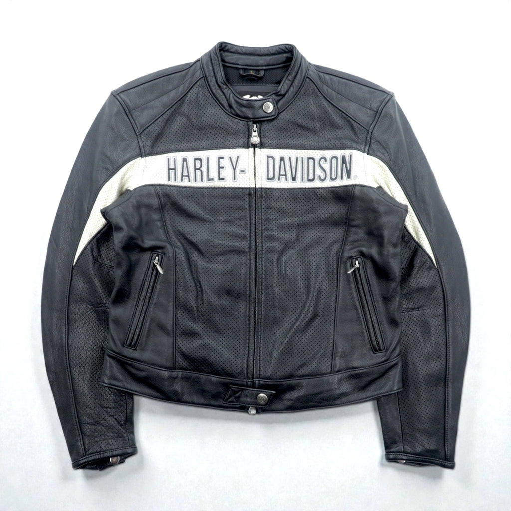 HARLEY DAVIDSON パンチングレザー レーシングジャケット L シングルライダース ダブルジップ 白ライン