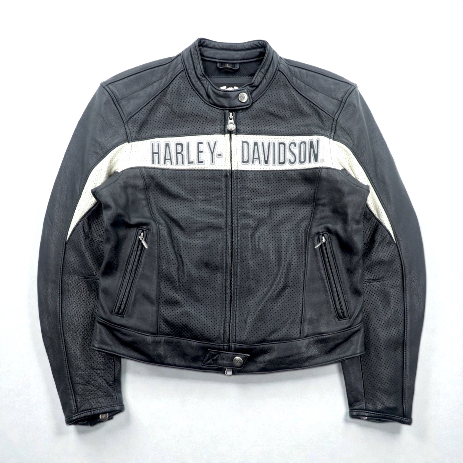 HARLEY DAVIDSON パンチングレザー レーシングジャケット L シングルライダース ダブルジップ 白ライン