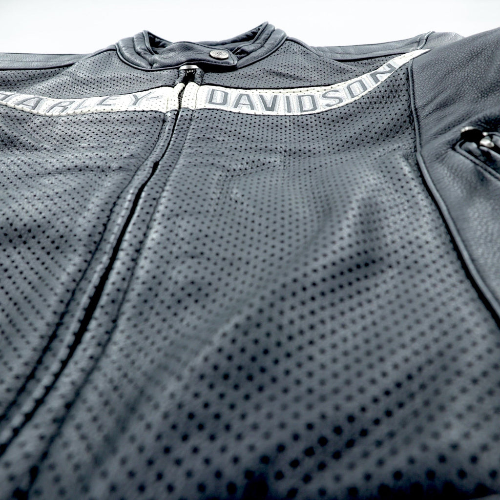HARLEY DAVIDSON パンチングレザー レーシングジャケット L シングルライダース ダブルジップ 白ライン