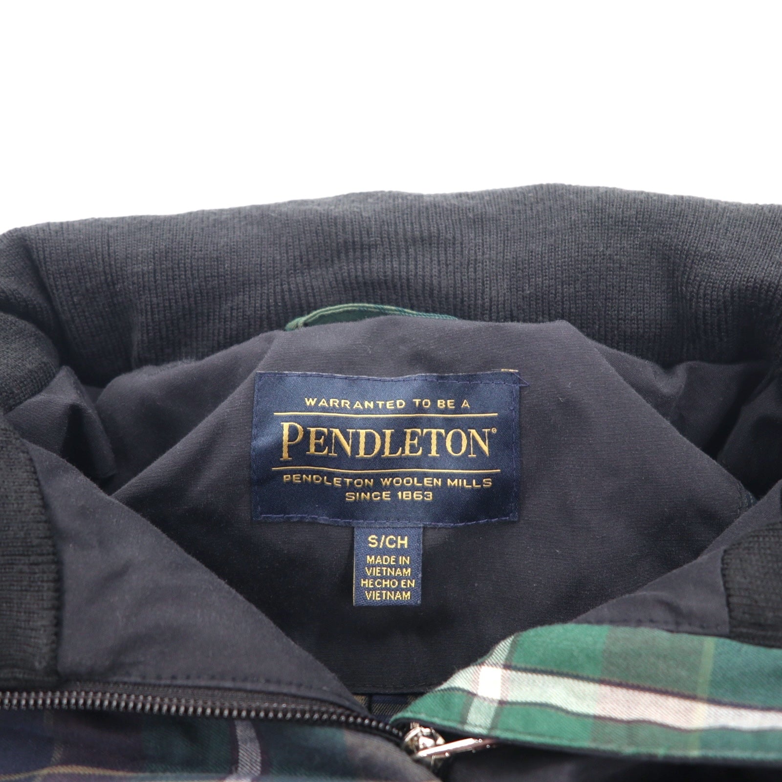 PENDLETON Giacca a vento taglia S nera in poliestere con doppia cerniera, fodera a quadri e cappuccio ripiegabile