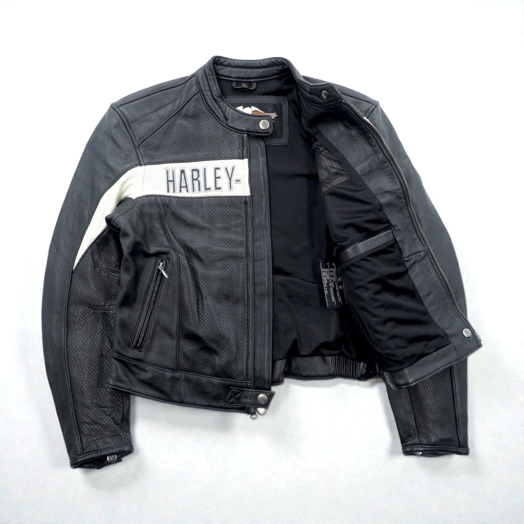 HARLEY DAVIDSON パンチングレザー レーシングジャケット L シングルライダース ダブルジップ 白ライン