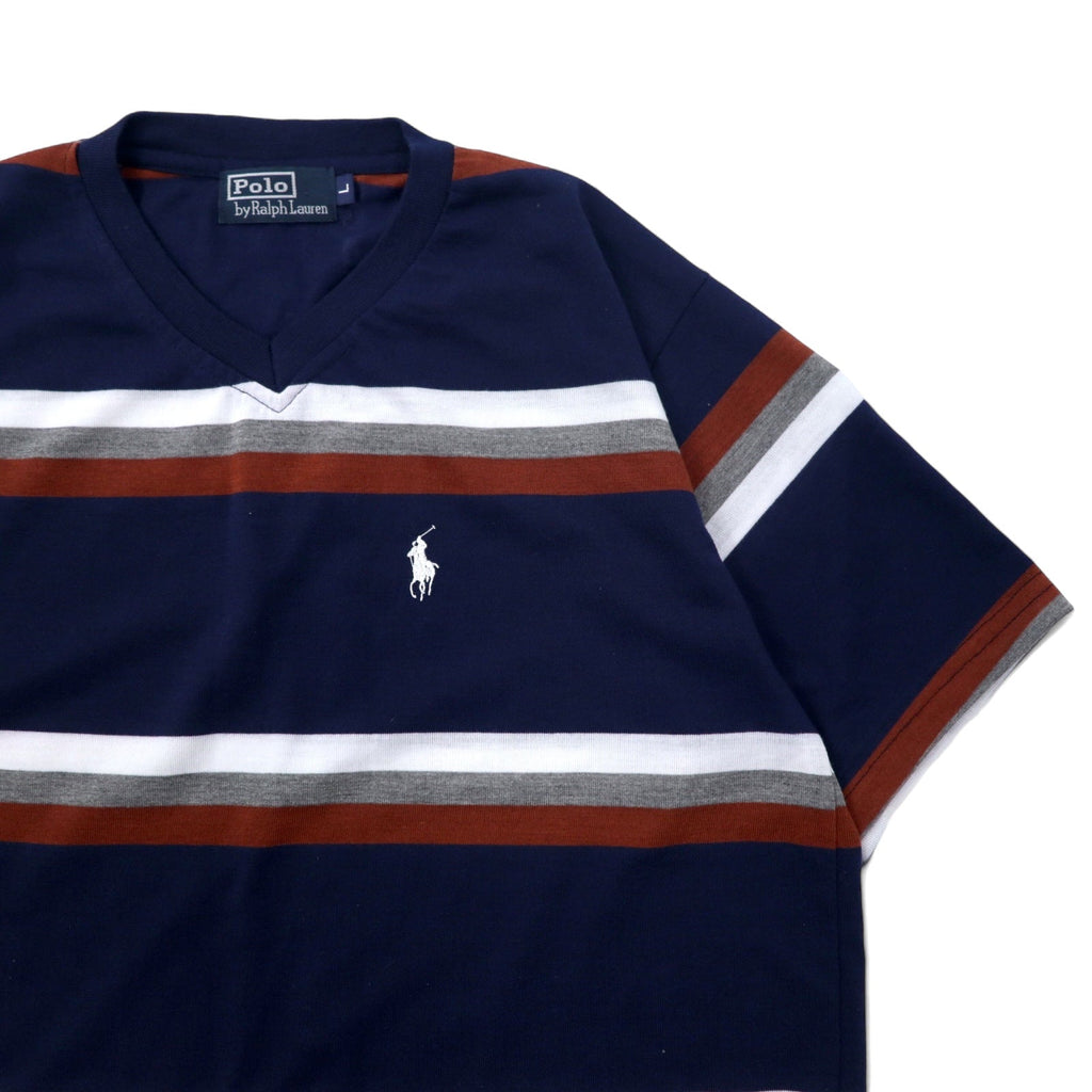 Polo by Ralph Lauren Vネック ボーダー Tシャツ L ネイビー コットン スモールポニー 刺繍