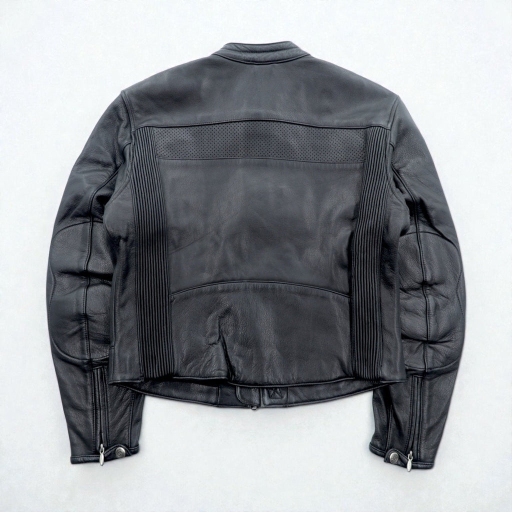 HARLEY DAVIDSON パンチングレザー レーシングジャケット L シングルライダース ダブルジップ 白ライン
