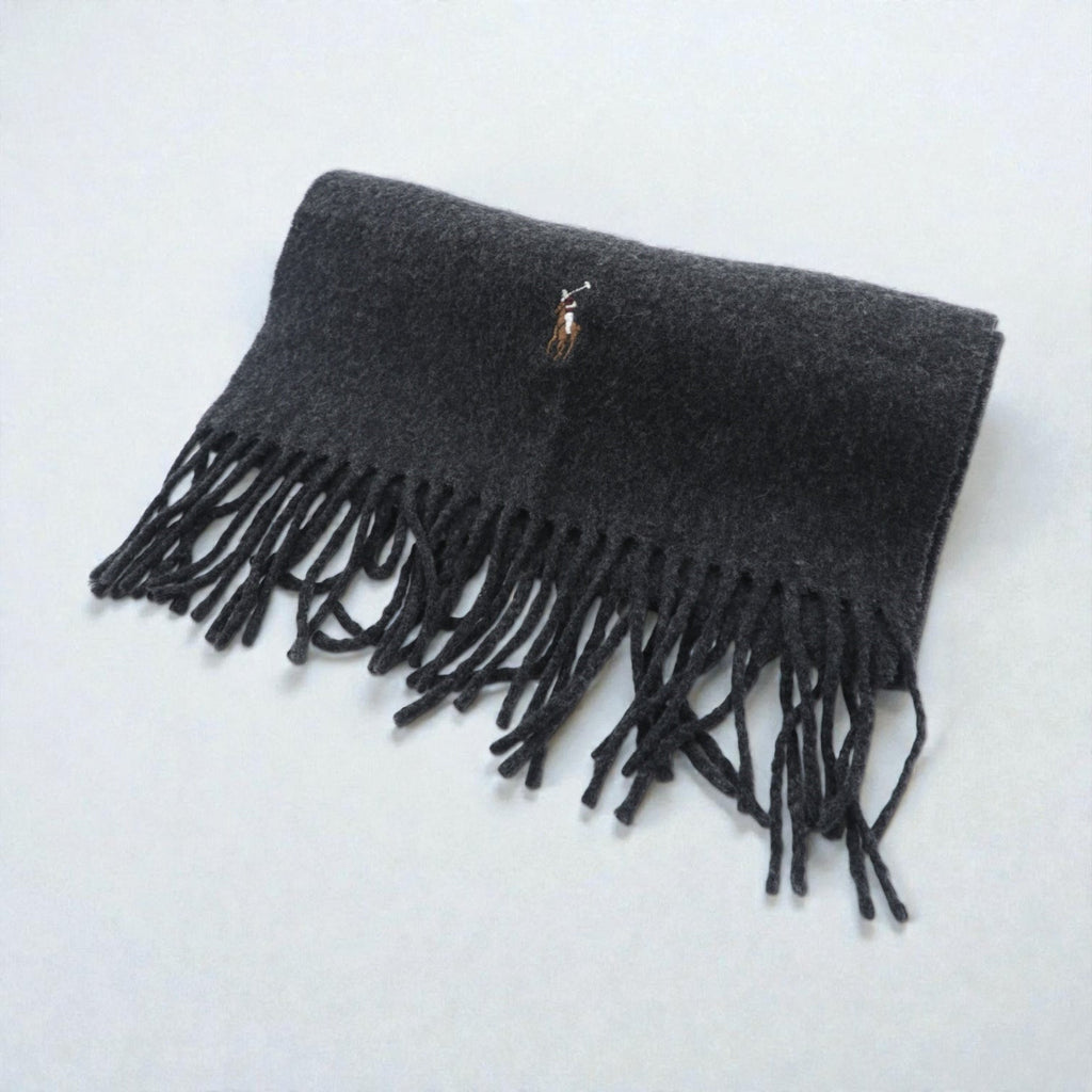 Polo Ralph Lauren イタリア製 フリンジ マフラー グレー ウール スモールポニー 刺繍