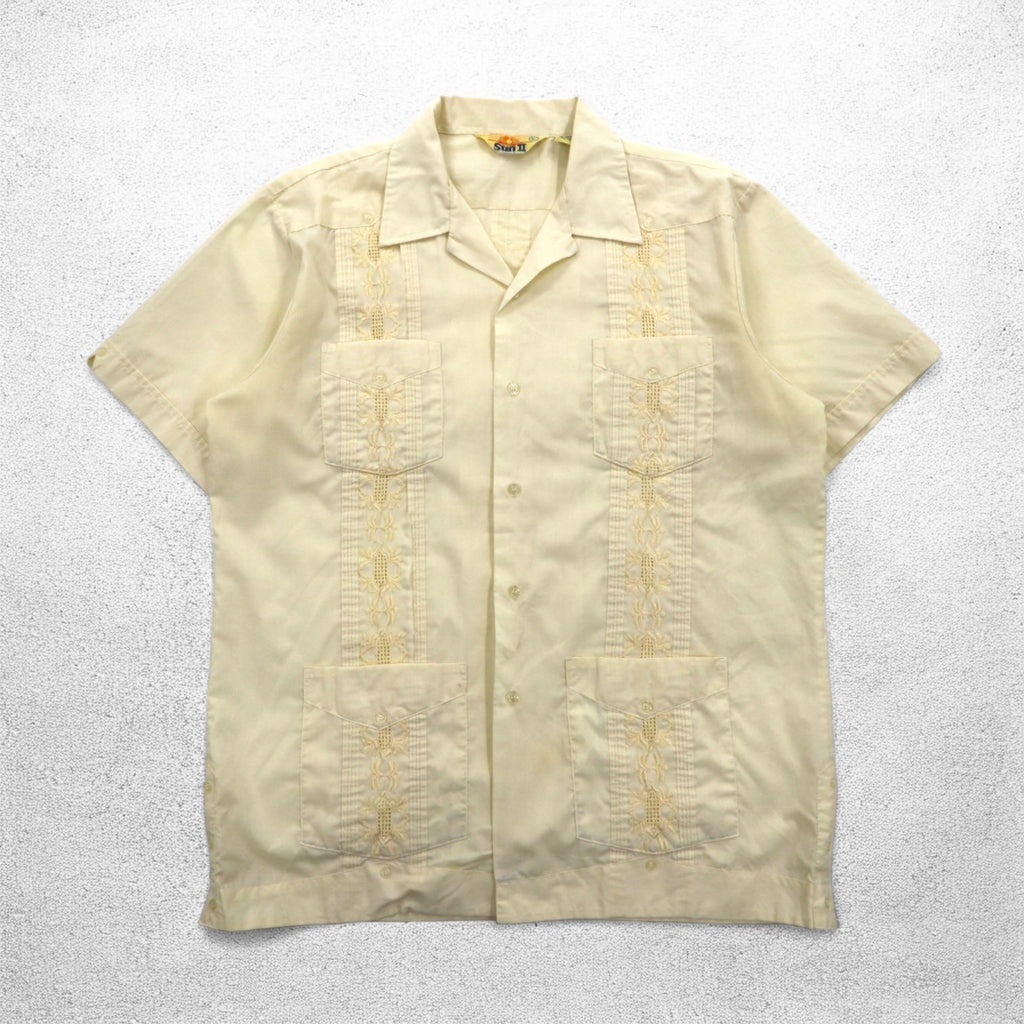 90年代 SUN Ⅱ ボックス キューバシャツ L クリーム ポリエステル コットン 刺繍