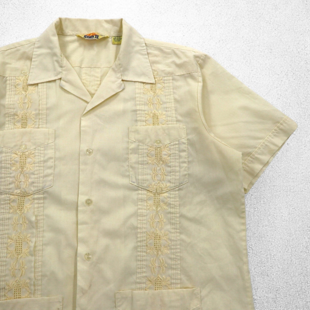 90年代 SUN Ⅱ ボックス キューバシャツ L クリーム ポリエステル コットン 刺繍
