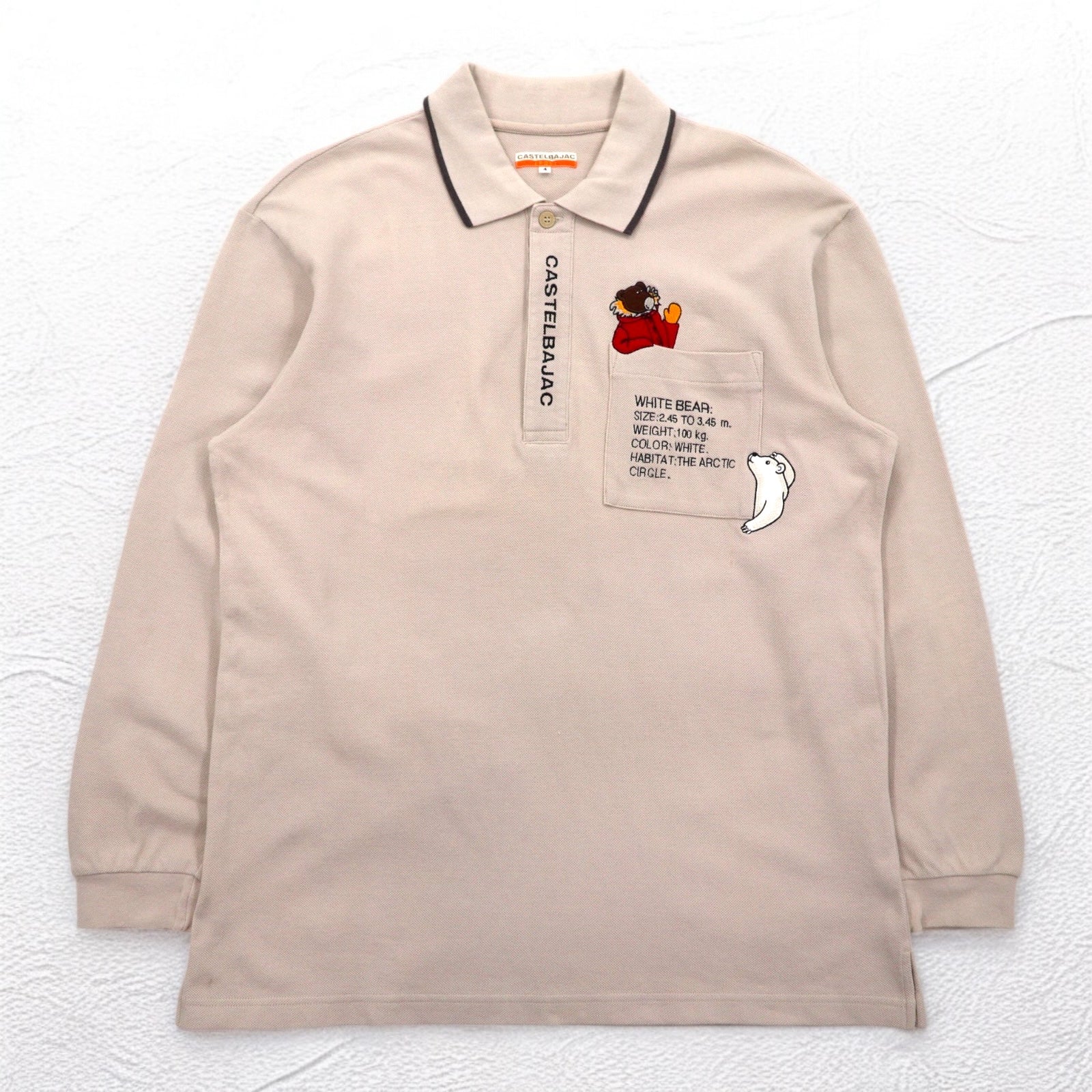 CASTELBAJAC SPORT Anni '90 Polo a maniche lunghe XL Beige Cotone Ricamo di personaggi