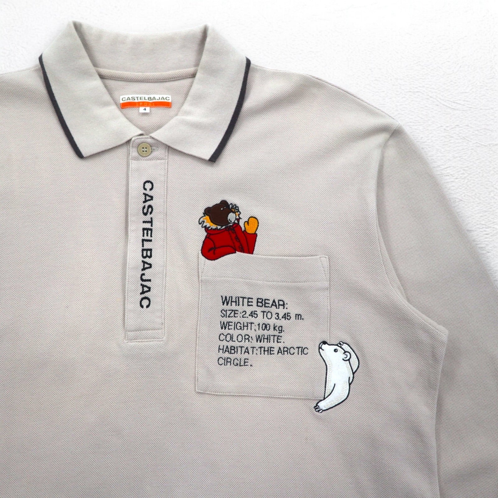 CASTELBAJAC SPORT Anni '90 Polo a maniche lunghe XL Beige Cotone Ricamo di personaggi