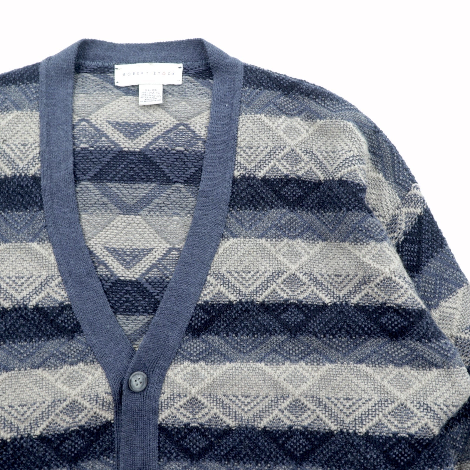 ROBERT STOCK 90年代 ジャガード ニット Vネック カーディガン XL ネイビー ボーダー