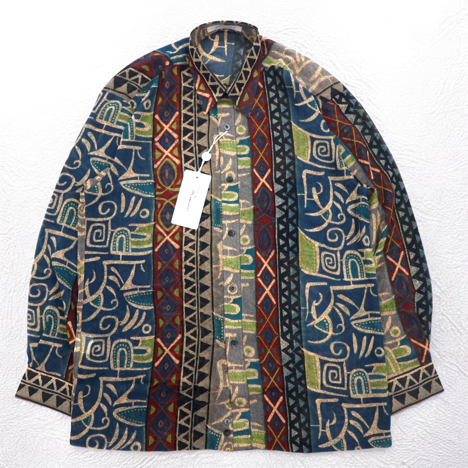 Camicia vintage anni '90, made in Japan, Roman Rominas, fantasia retrò, in poliestere, taglia M, motivo nativo, made in Japan, nuova con etichette