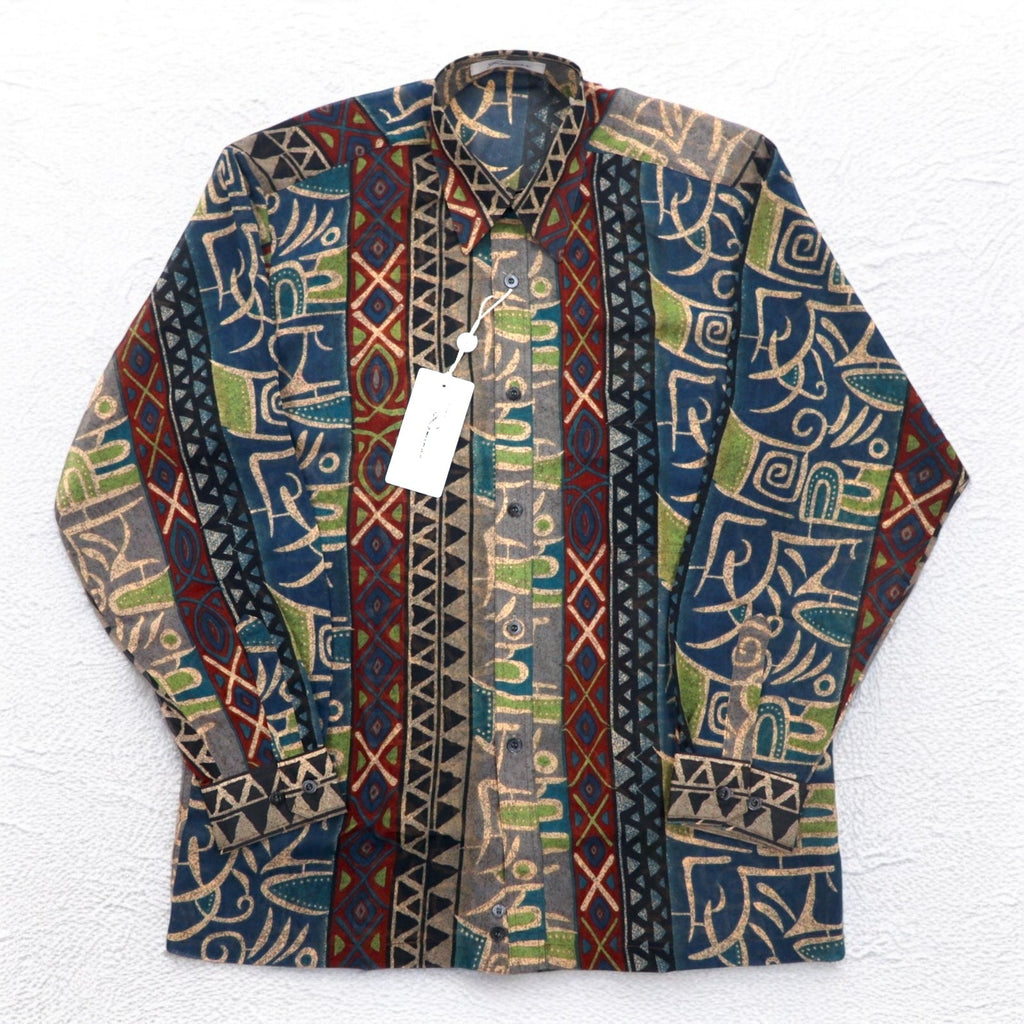 Camicia vintage anni '90, made in Japan, Roman Rominas, fantasia retrò, in poliestere, taglia M, motivo nativo, made in Japan, nuova con etichette