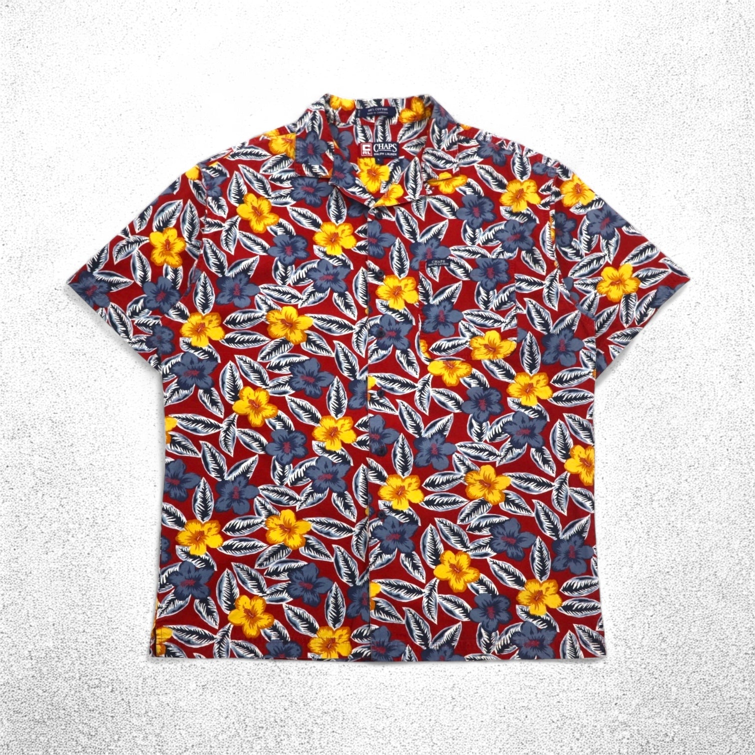CHAPS RALPH LAUREN anni '90 camicia hawaiana taglia L rossa, fantasia completa, ibisco, taschino sul petto