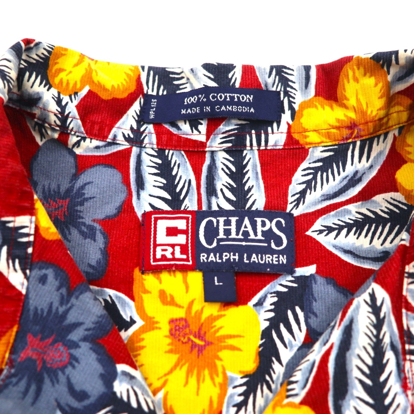 CHAPS RALPH LAUREN anni '90 camicia hawaiana taglia L rossa, fantasia completa, ibisco, taschino sul petto