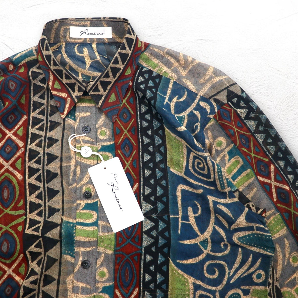 Camicia vintage anni '90, made in Japan, Roman Rominas, fantasia retrò, in poliestere, taglia M, motivo nativo, made in Japan, nuova con etichette