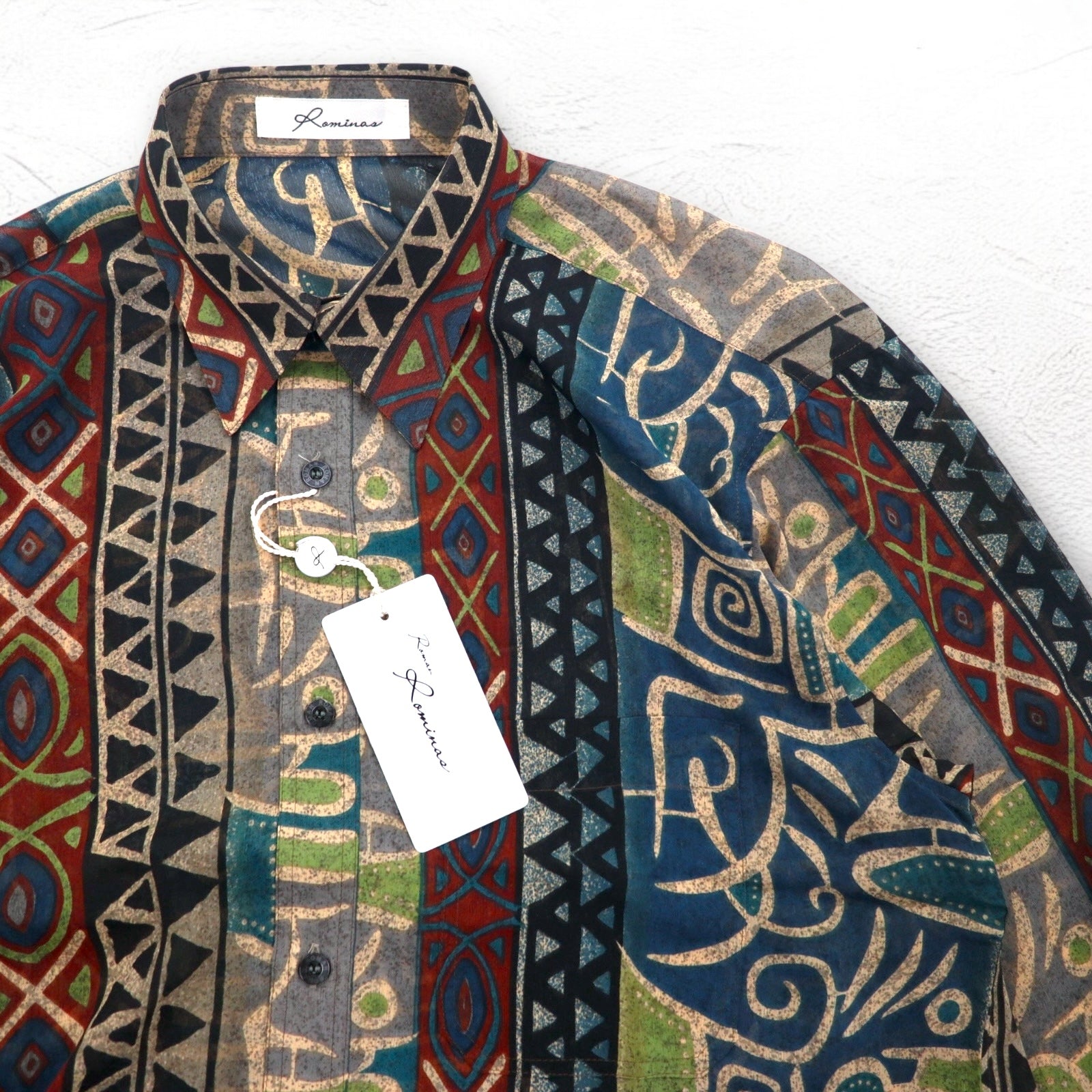 Camicia vintage anni '90, made in Japan, Roman Rominas, fantasia retrò, in poliestere, taglia M, motivo nativo, made in Japan, nuova con etichette