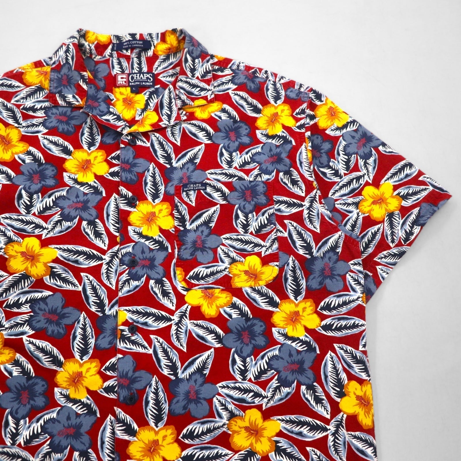 CHAPS RALPH LAUREN anni '90 camicia hawaiana taglia L rossa, fantasia completa, ibisco, taschino sul petto