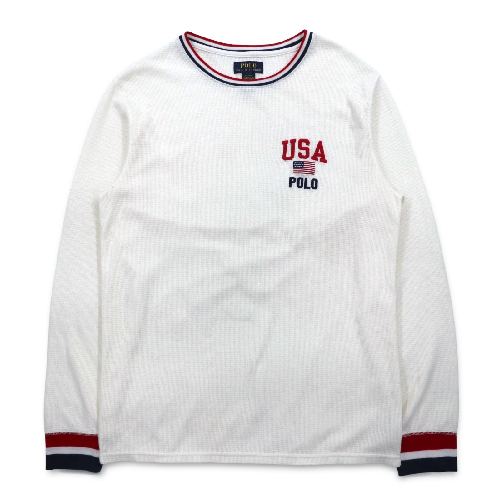 POLO RALPH LAUREN T-shirt termica a maniche lunghe con profili a costine L bianca tricolore USA POLO bandiera a stelle e strisce
