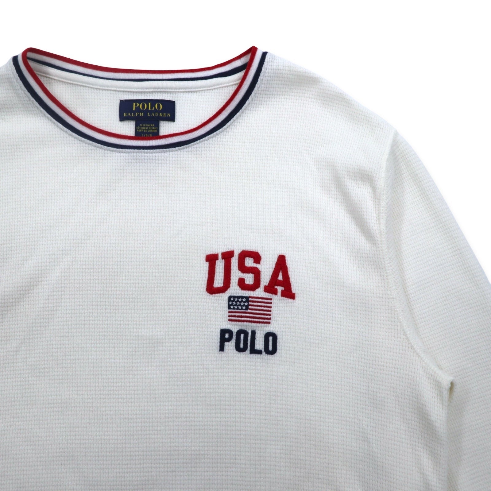 POLO RALPH LAUREN T-shirt termica a maniche lunghe con profili a costine L bianca tricolore USA POLO bandiera a stelle e strisce
