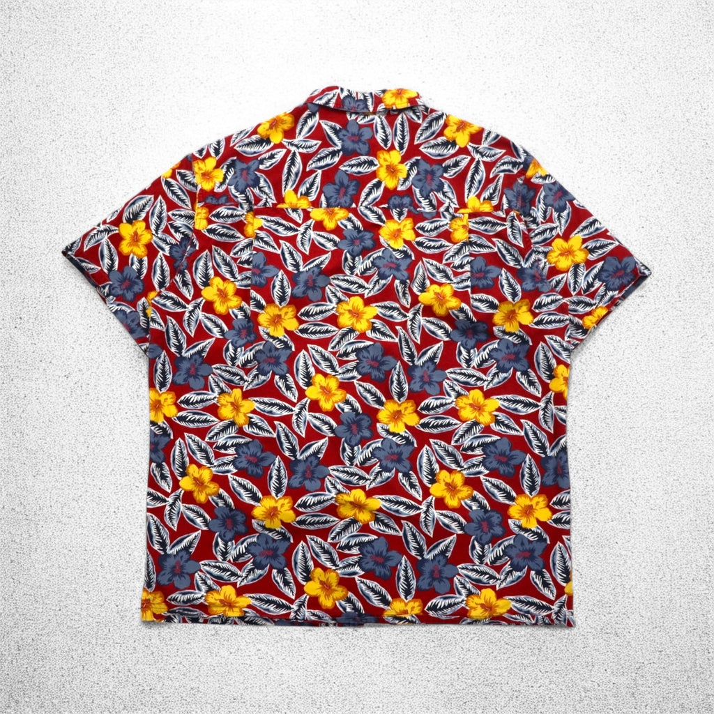 CHAPS RALPH LAUREN anni '90 camicia hawaiana taglia L rossa, fantasia completa, ibisco, taschino sul petto