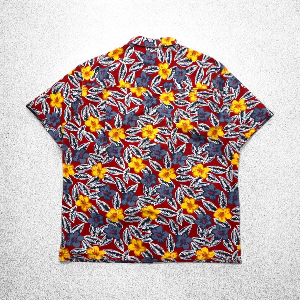 CHAPS RALPH LAUREN anni '90 camicia hawaiana taglia L rossa, fantasia completa, ibisco, taschino sul petto
