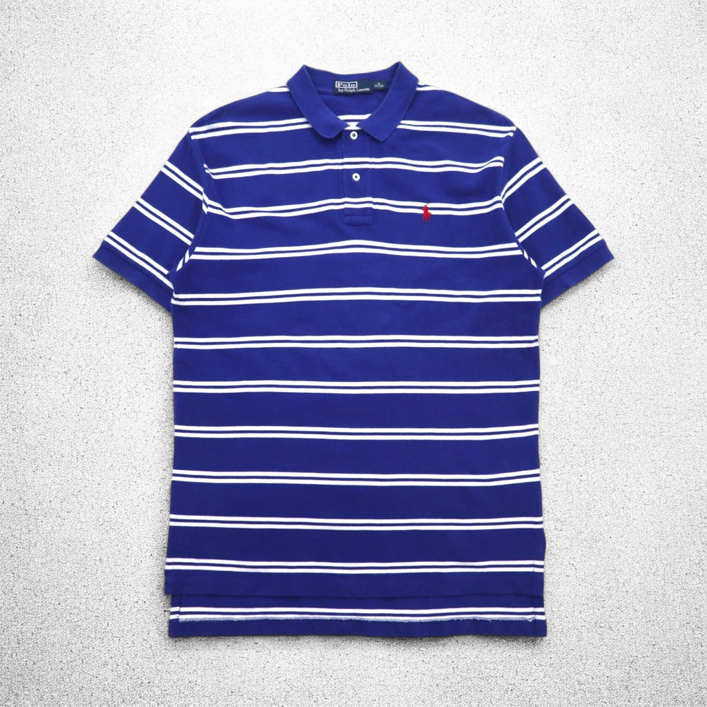 Polo by Ralph Lauren Polo a righe anni '90 M Blu Cotone Piquet Ricamo pony piccolo