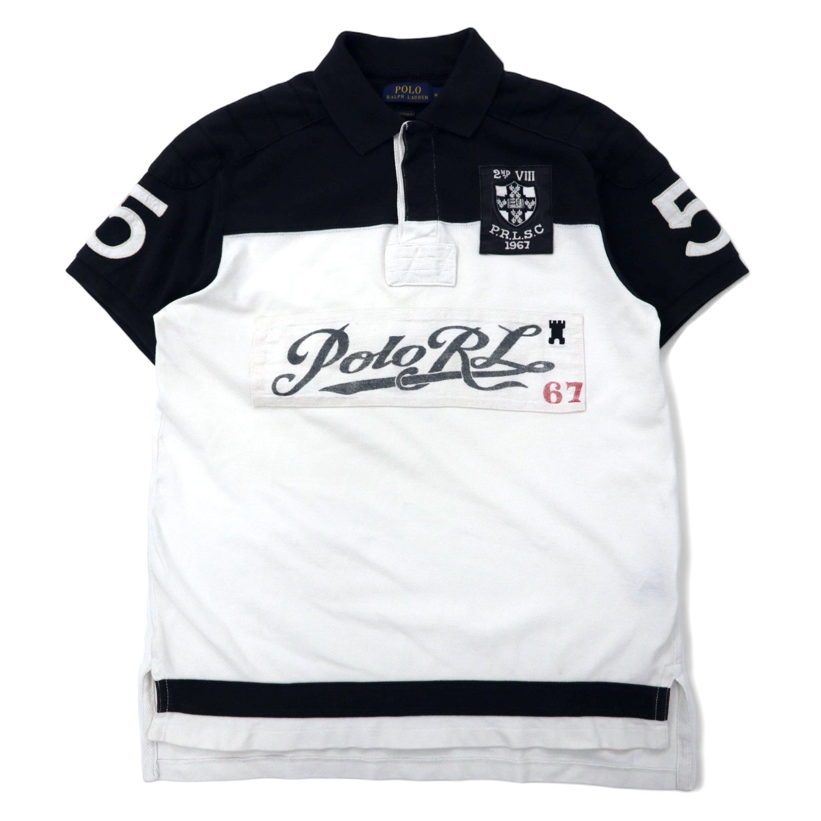 POLO RALPH LAUREN Polo, taglia M, nero, bianco, cotone piquet, CUSTOM FIT, logo ricamato, P.R.L.S.C, made in Sri Lanka