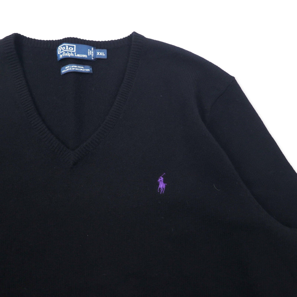 Polo by Ralph Lauren Maglione con scollo a V, taglia XXL, nero, in lana d'agnello, ricamo piccolo pony, taglia grande