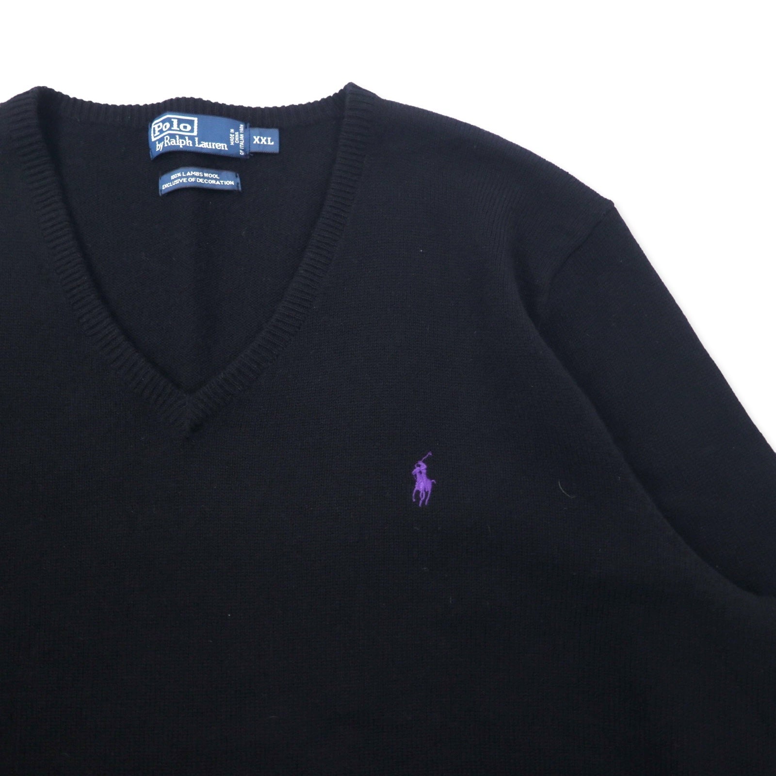 Polo by Ralph Lauren Vネック ニット セーター XXL ブラック ラムウール スモールポニー刺繍 ビッグサイズ