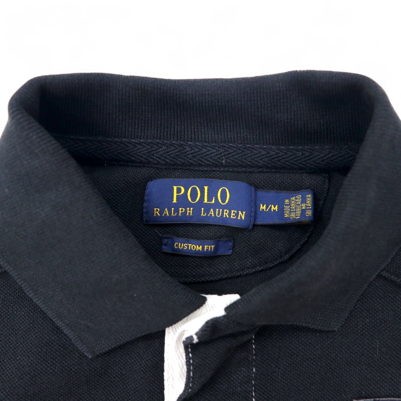 POLO RALPH LAUREN Polo, taglia M, nero, bianco, cotone piquet, CUSTOM FIT, logo ricamato, P.R.L.S.C, made in Sri Lanka