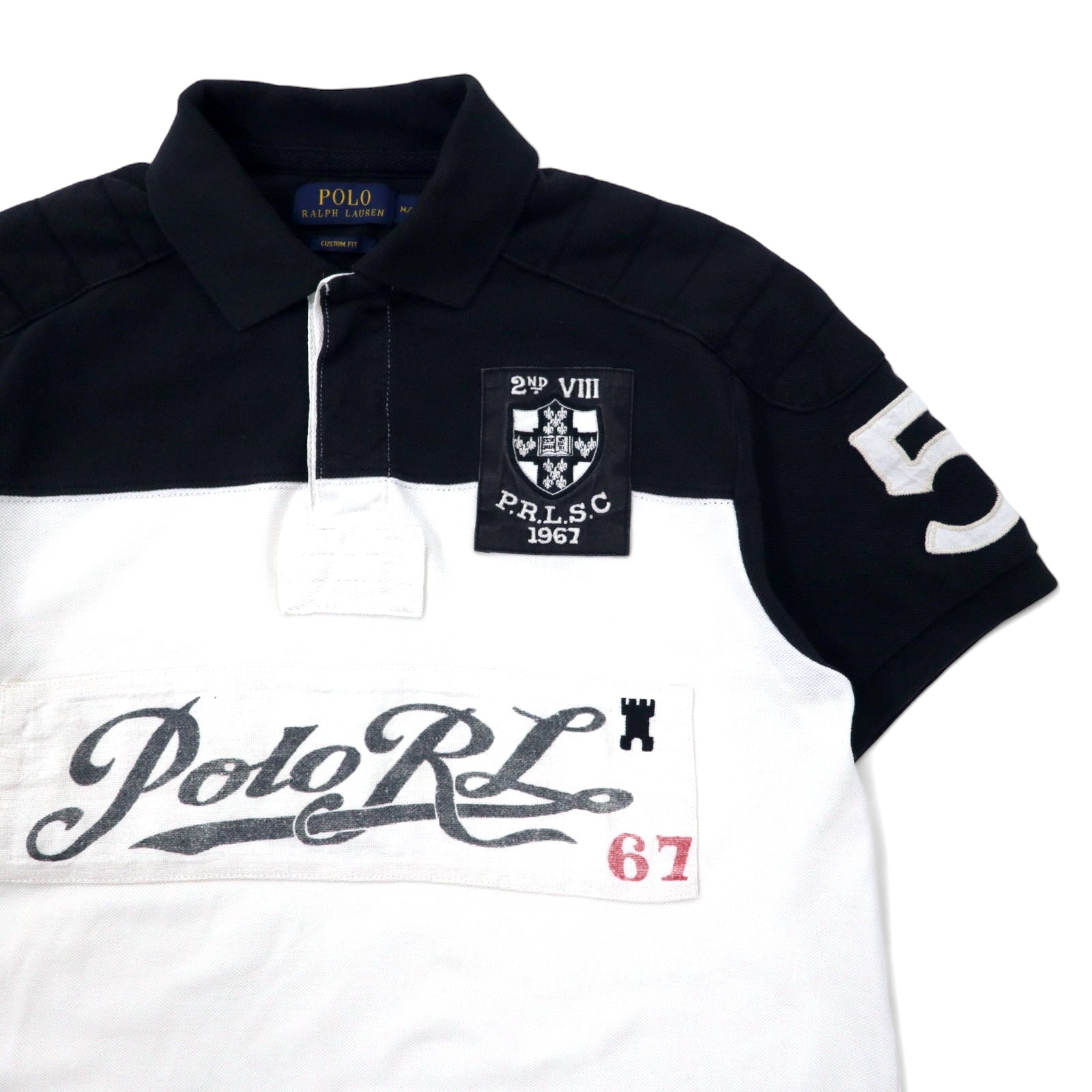 POLO RALPH LAUREN Polo, taglia M, nero, bianco, cotone piquet, CUSTOM FIT, logo ricamato, P.R.L.S.C, made in Sri Lanka