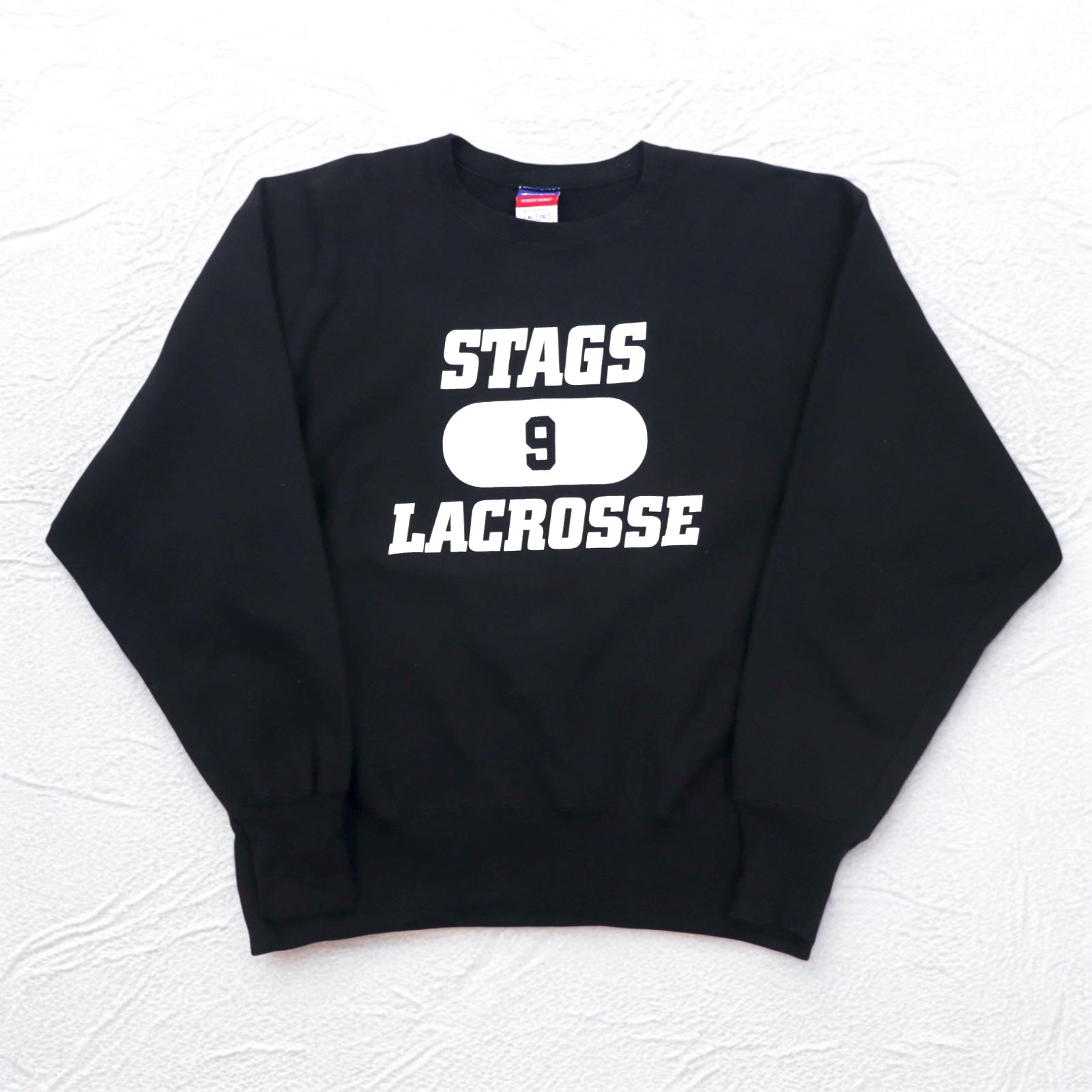 Champion リバースウィーブ REVERSE WEAVE カレッジ スウェット XL ブラック 裏起毛 STAGS LACROSSE 3段プリント メキシコ製