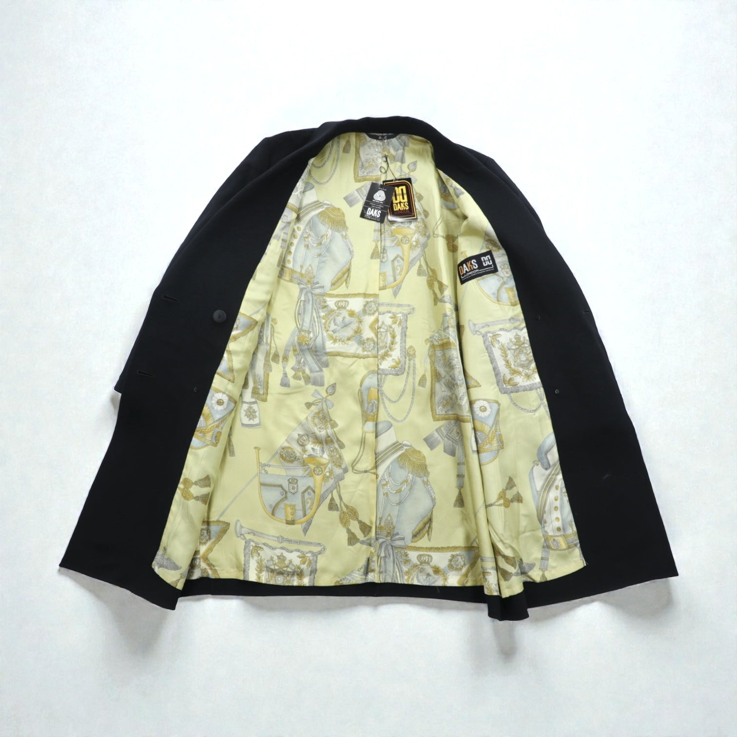 DAKS 日本製 カシミア ダブルブレスト チェスターコート XL ブラック サテン裏地 スカーフ 総柄 未使用品
