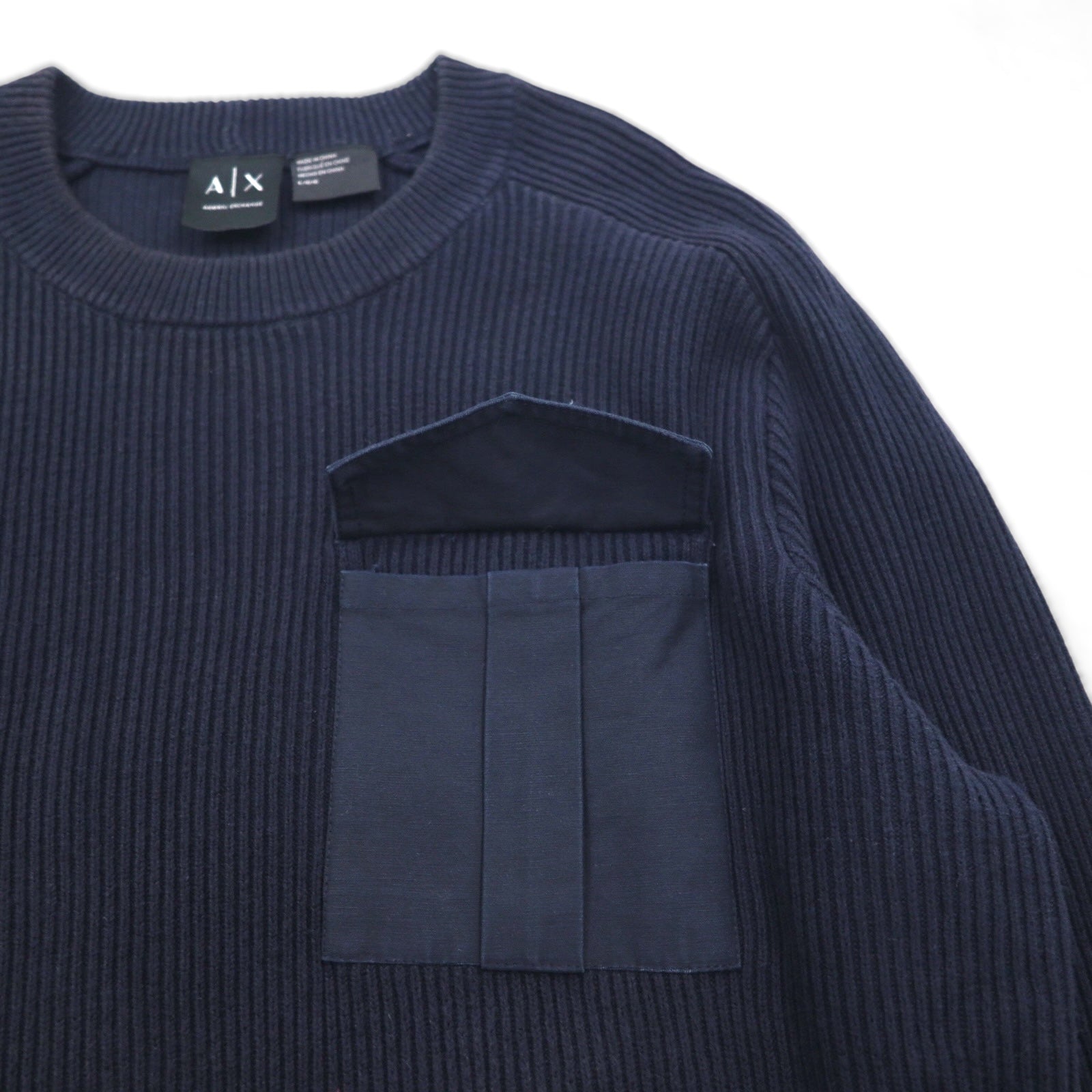 A|X ARMANI EXCHANGE コマンドセーター リブニット L ネイビー フラップ 胸ポケット