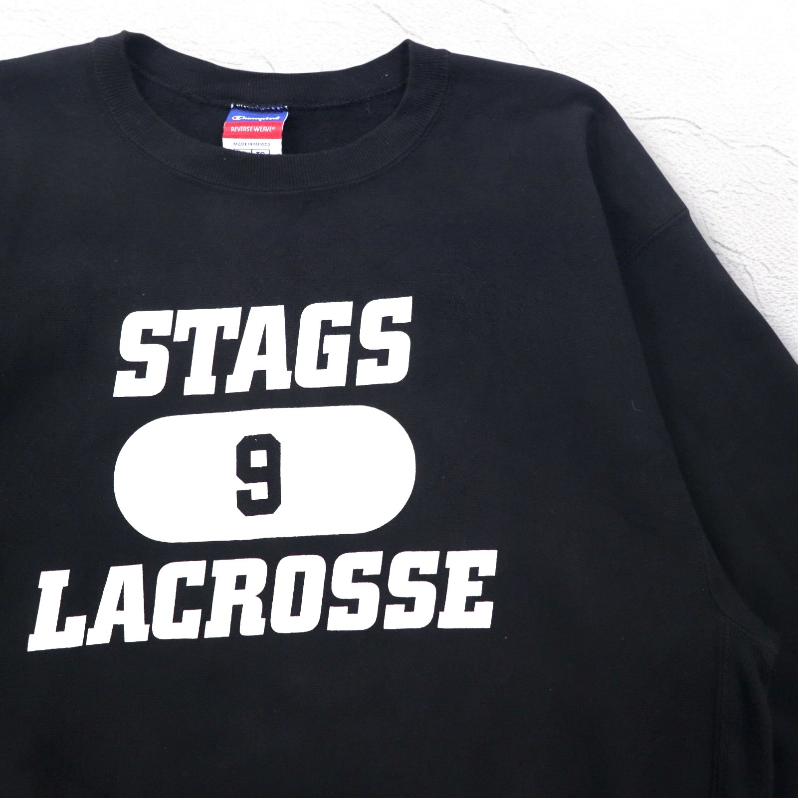 Champion リバースウィーブ REVERSE WEAVE カレッジ スウェット XL ブラック 裏起毛 STAGS LACROSSE 3段プリント メキシコ製