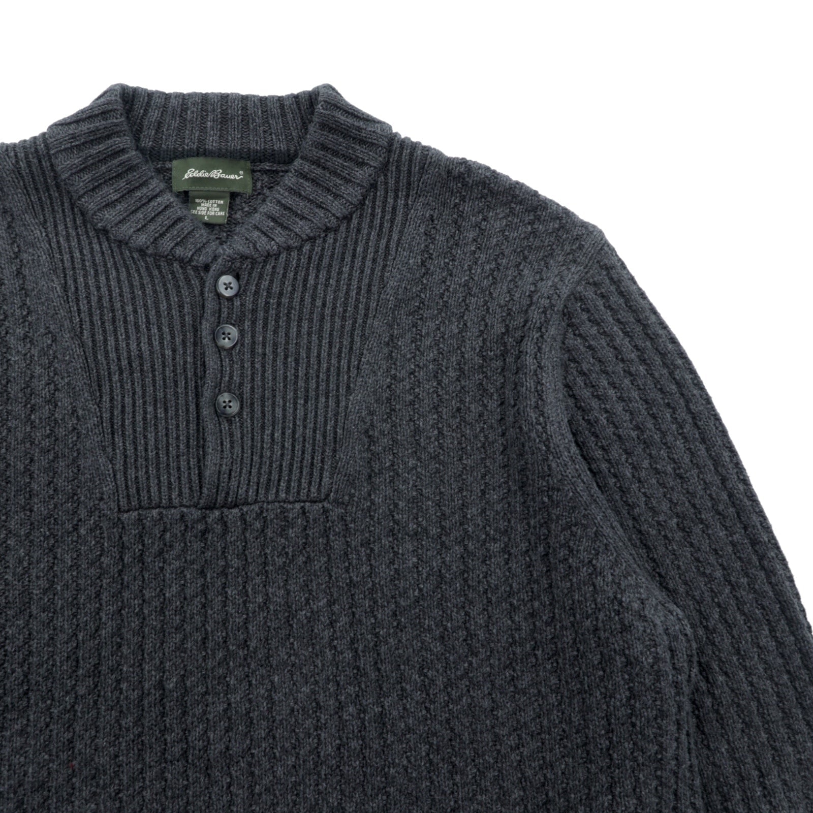 Eddie Bauer ヘンリーネック リブニット セーター L グレー コットン