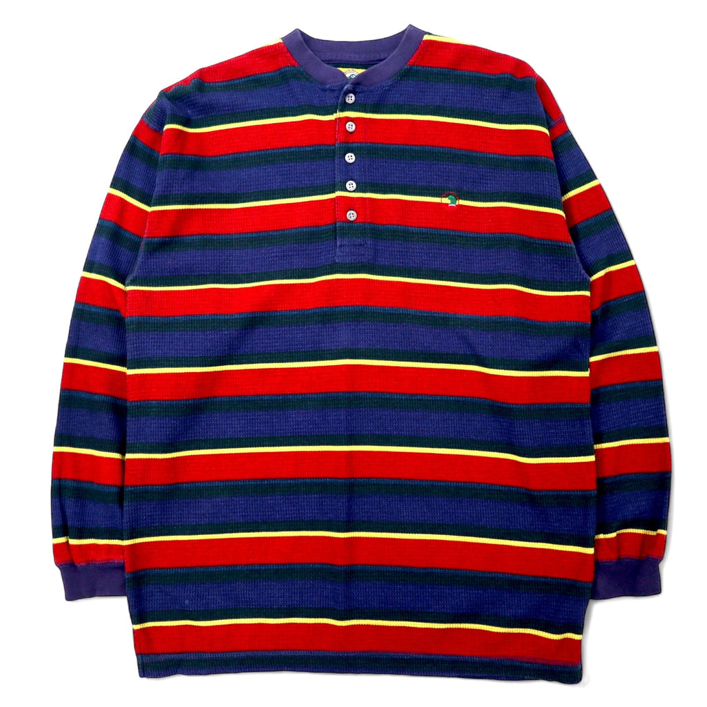 Anni '90 Duck Head T-shirt termica a maniche lunghe scollo henley, colore blu navy e rosso a righe, in cotone con logo ricamato a punto singolo, taglia M