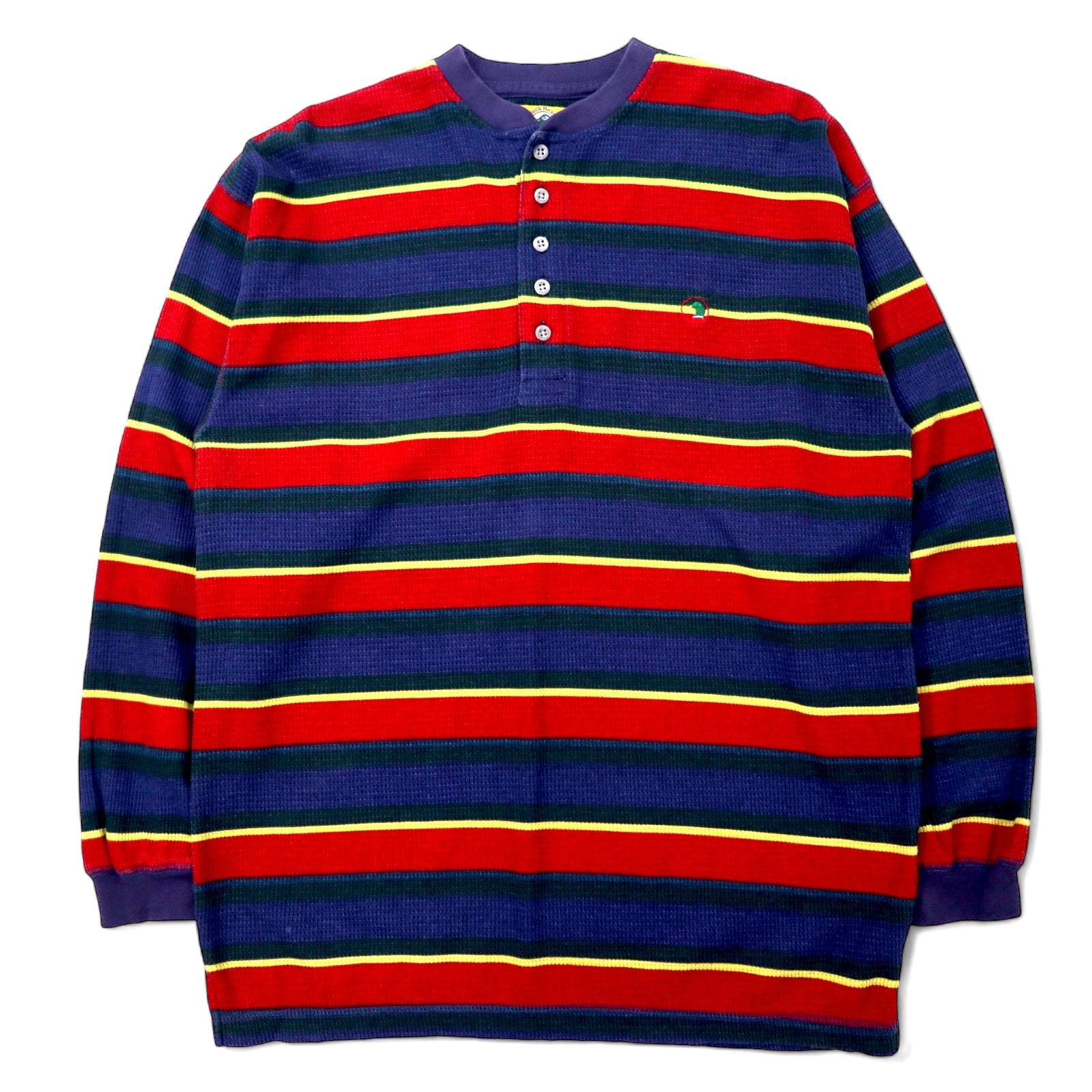 Anni '90 Duck Head T-shirt termica a maniche lunghe scollo henley, colore blu navy e rosso a righe, in cotone con logo ricamato a punto singolo, taglia M
