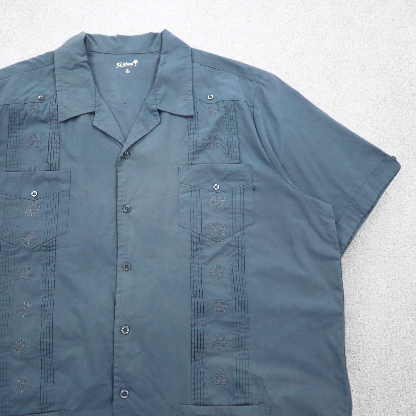 Camicia cubana KS island aperta sul davanti, colletto aperto, taglia XL, grigia, poliestere cotone ricamata