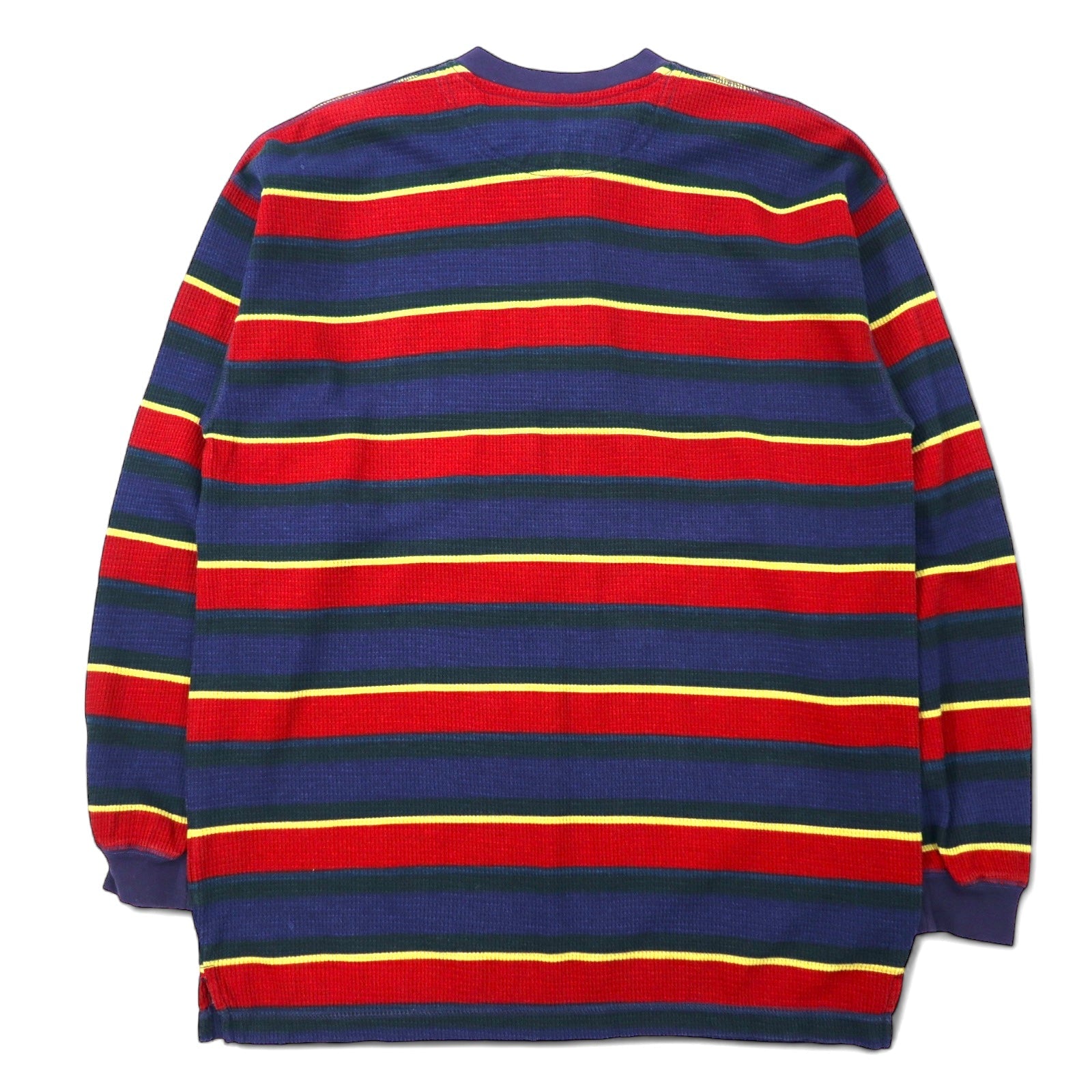 Anni '90 Duck Head T-shirt termica a maniche lunghe scollo henley, colore blu navy e rosso a righe, in cotone con logo ricamato a punto singolo, taglia M